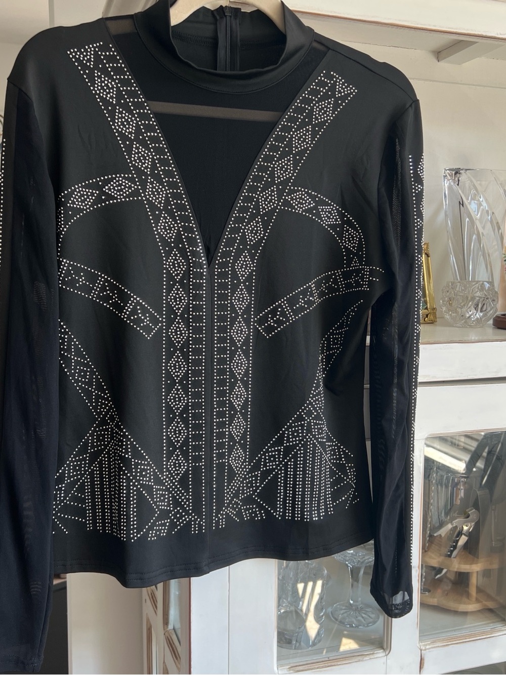 Amazon Black Rhinestone-Embellished Mesh Inset Long Sleeve Top